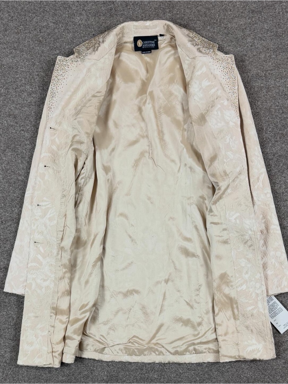 Christine Alexander Jacquard Beige Mid Length Coat Women’s L Swarovski Crystals - Picture 3 of 12